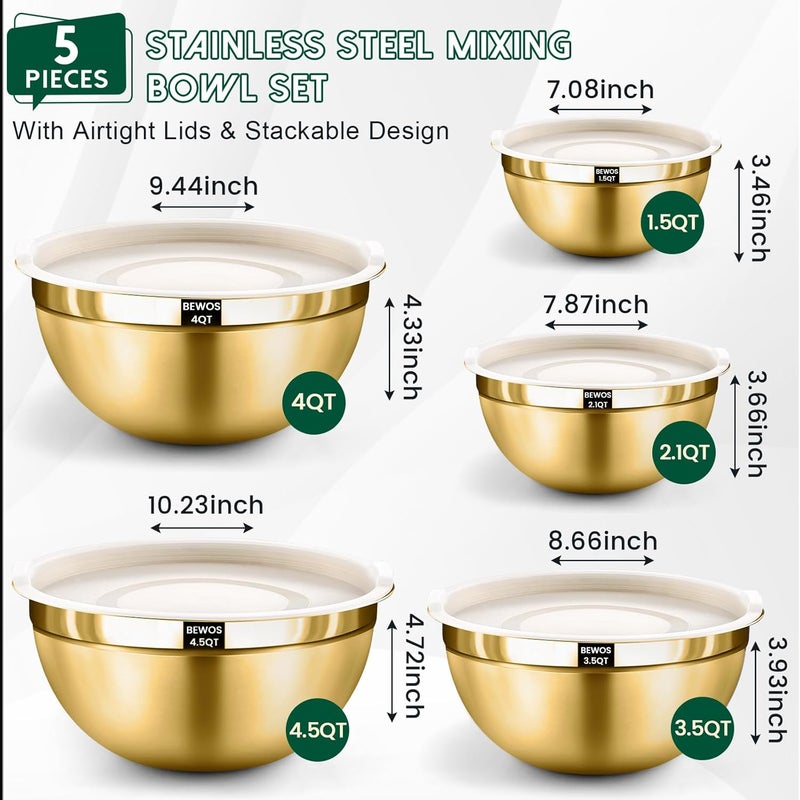 BEWOS 5PCS Mixing Bowls with Lids Set - 5 Stainless Steel Mixing Bowls, Dishwasher Safe, Ideal for Baking & Meal Prep, Stackable Design for Easy Storage - Image 2